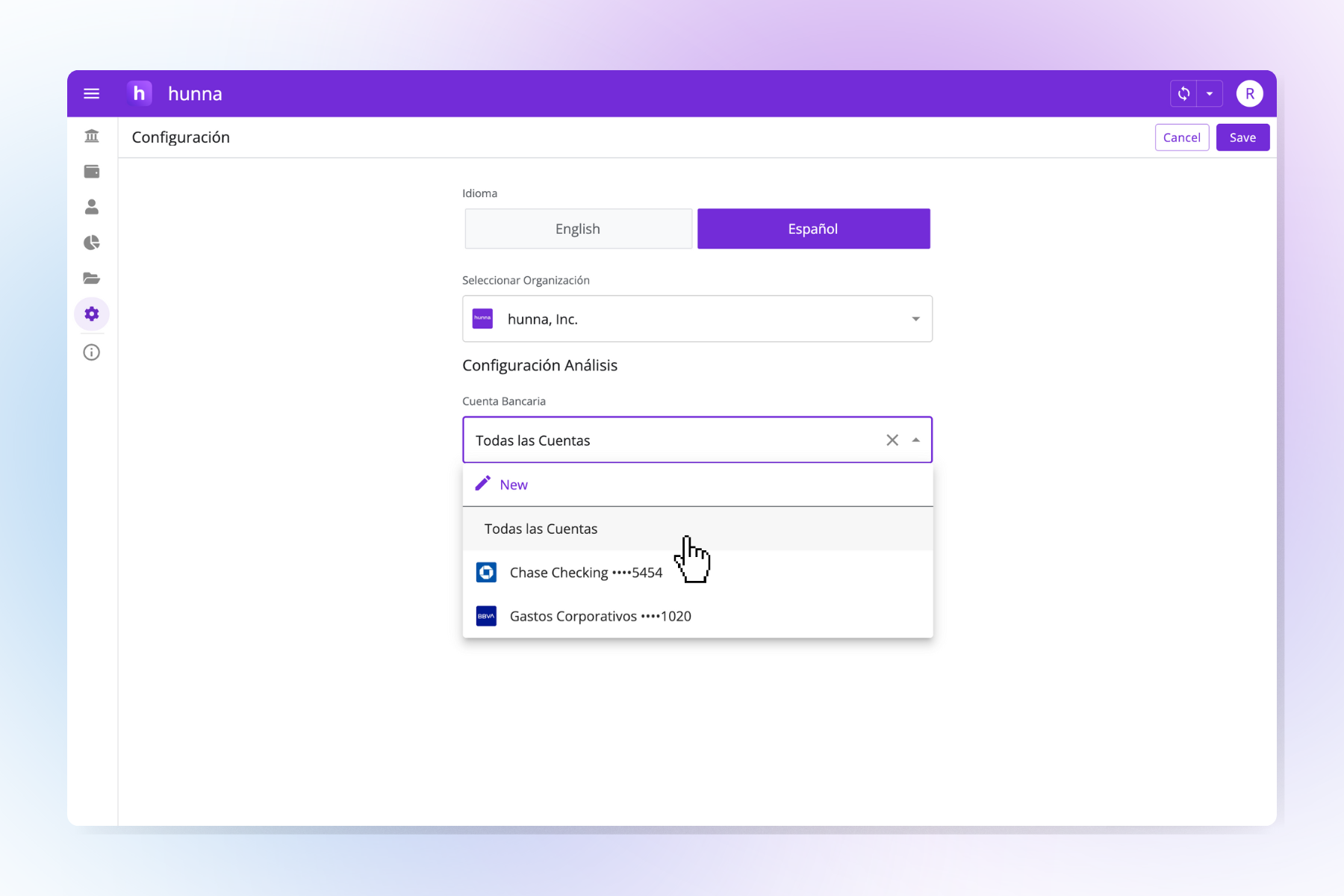 Abre la pestaña de Configuración, y selecciona cuenta bancaria